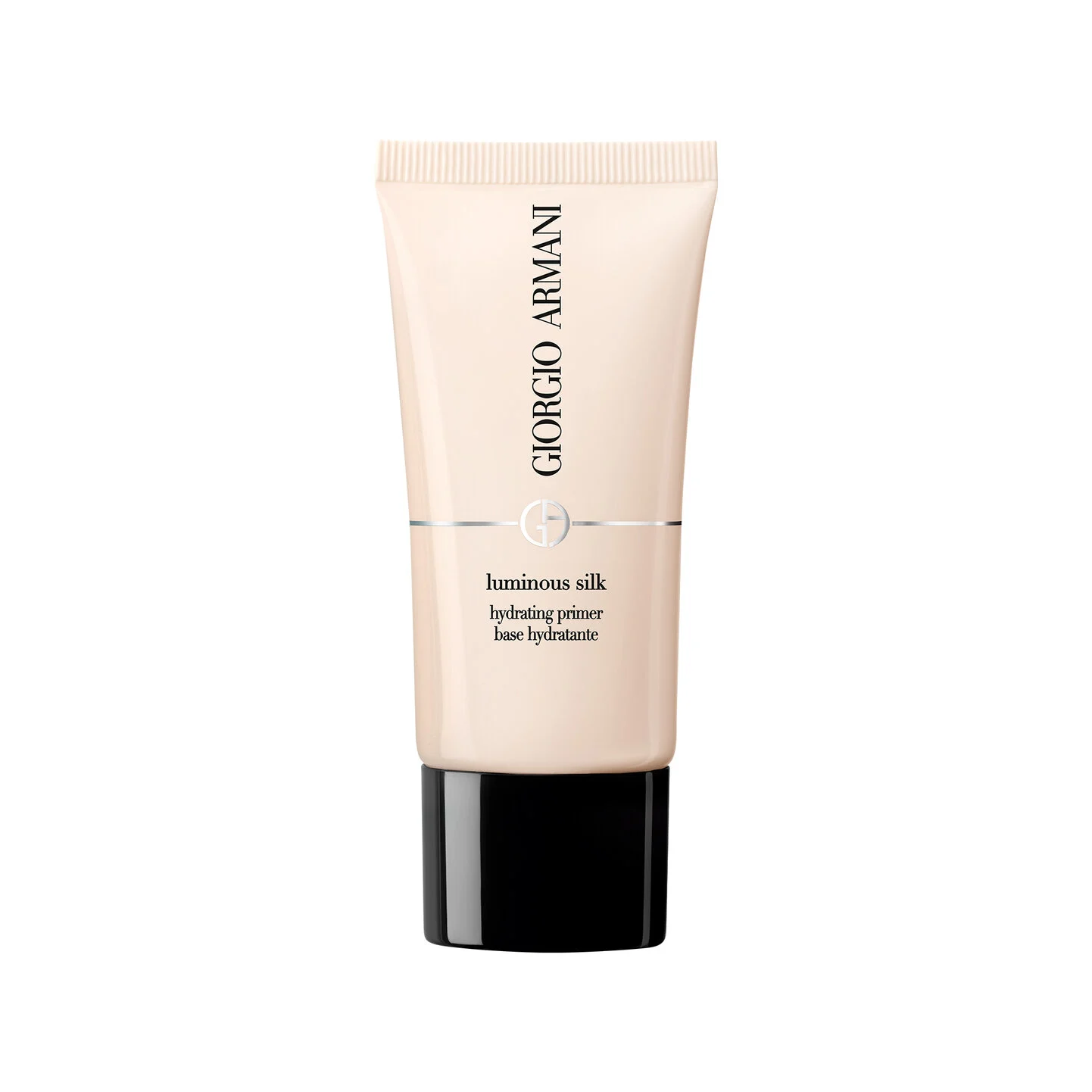 A dollop of Giorgio Armani Luminous Silk Hydrating Primer showcasing its lightweight, radiant texture, with the bottle in the background.