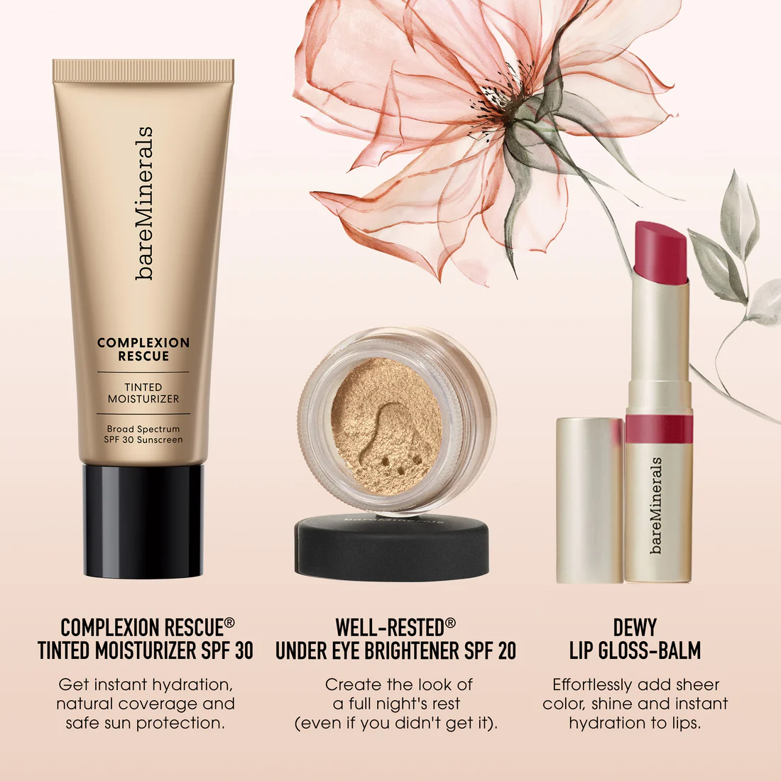 Flatlay of the bareMinerals Mother's Day Clean Makeup Set, showing the Lashtopia Mascara, Mineralist Lip Gloss-Balm, and Warmth All-Over Face Color with textural swatches.